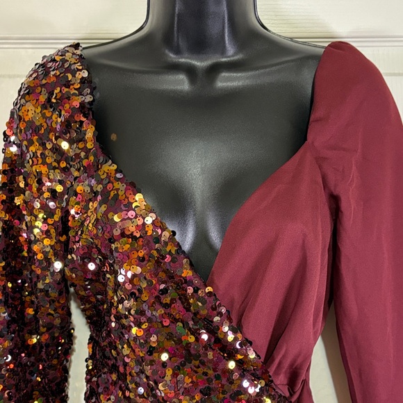 TCEC Elegant Sequin Burgundy Dress Sz Small - Picture 3 of 8